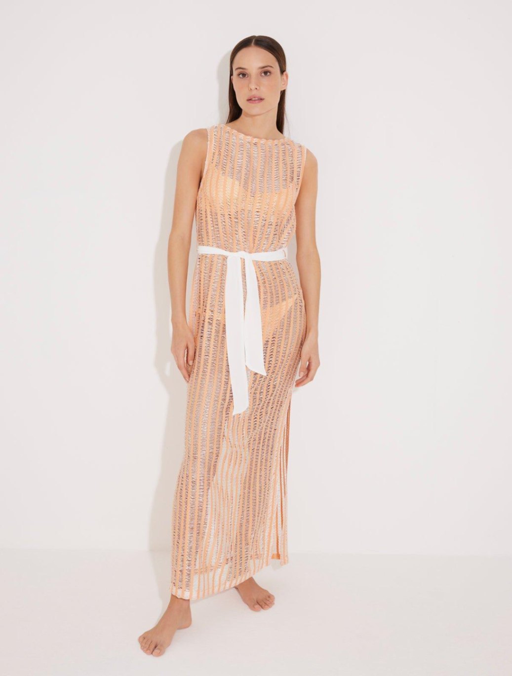 "Front view of the Roma Orange/White High-Neck Dress, showcasing its high neckline, crisscross knitted fabric, and self-tie belt. "