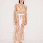 "Front view of the Roma Orange/White High-Neck Dress, showcasing its high neckline, crisscross knitted fabric, and self-tie belt. "