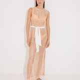 "Front view of the Roma Orange/White High-Neck Dress, showcasing its high neckline, crisscross knitted fabric, and self-tie belt. "
