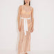 "Front view of the Roma Orange/White High-Neck Dress, showcasing its high neckline, crisscross knitted fabric, and self-tie belt. "