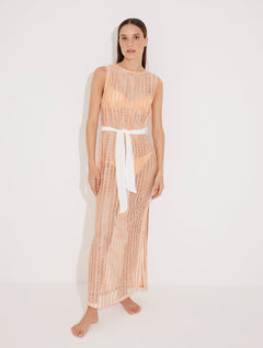 Roma Orange/White High Neck Ankle Length Dress With Self-Tie Belt -Beachwear Dresses Moeva