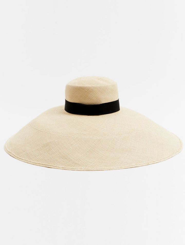Front View: Romana Black Hat - MOEVA Luxury Swimwear, Straw Hat, Handwoven in Ecuador, Lightweight Straw, Round Crown, MOEVA Luxury Swimwear 