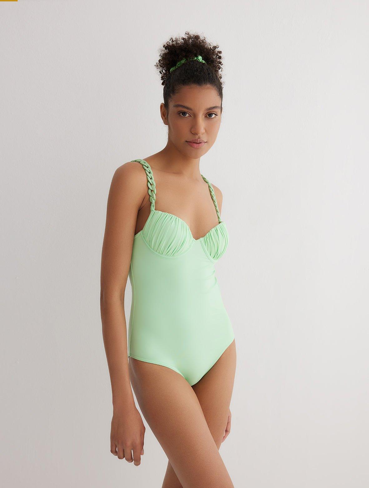  "Ronja Mint Green Swimsuit front view showcasing supportive underwired cups and delicate ABS chain straps."