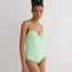  "Ronja Mint Green Swimsuit front view showcasing supportive underwired cups and delicate ABS chain straps."