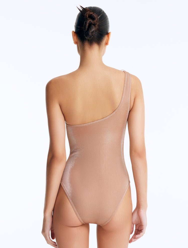 Back View: Rowan Bronze Swimsuit on Model - Fully Lined, Accessorized, Italian Fabric, MOEVA Luxury Swimwear