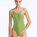 Front View: Model in Rowan Green Swimsuit - One Shoulder Silhouette, Chic Style, Clear Glass Hoop Accessory Detail, MOEVA Luxury Swimwear