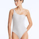 Front View: Model in Rowan Silver Swimsuit - One Shoulder Silhouette, Chic Style, Clear Glass Hoop Accessory Detail, MOEVA Luxury Swimwear