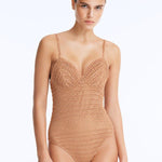 Front View: Model Wearing Rue Bronze Swimsuit - Underwire, Lightly Lined, Comfortable, %100 Handmade Macrame, MOEVA Luxury Swimwear