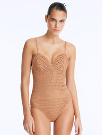 Front View: Model Wearing Rue Bronze Swimsuit - Underwire, Lightly Lined, Comfortable, %100 Handmade Macrame, MOEVA Luxury Swimwear
