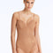 Front View: Model Wearing Rue Bronze Swimsuit - Underwire, Lightly Lined, Comfortable, %100 Handmade Macrame, MOEVA Luxury Swimwear