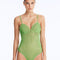 Front View: Model Wearing Rue Green Swimsuit - Removable Paddings, Underwire, Lightly Lined, Comfortable, %100 Handmade Macrame, MOEVA Luxury Swimwear
