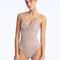 Front View: Model Wearing Rue Silver Swimsuit - Underwire, Lightly Lined, Comfortable, %100 Handmade Macrame, MOEVA Luxury Swimwear