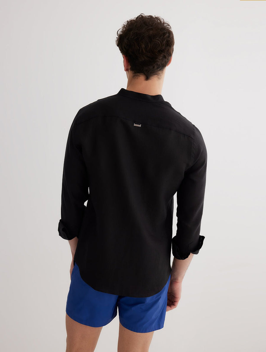 Back View: Model in Ryan Black Shirt - MOEVA Luxury Swimwear, Ready to Wear, Long Sleeved Shirts, Unlined, Slim Fit, Linen, MOEVA Luxury Swimwear 