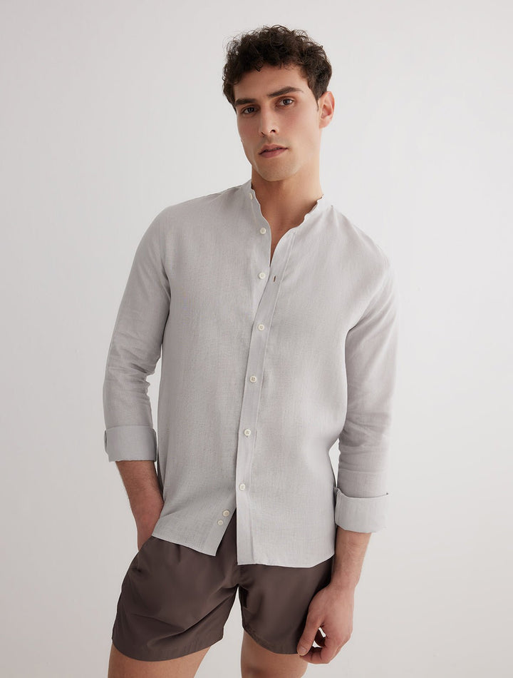 Ryan Grey Shirt With Grandad-Collar -Men Shirts Moeva