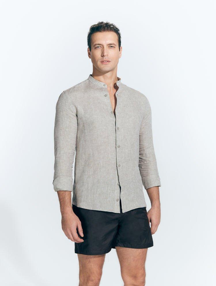 Front View: Model in Ryan Khaki Shirt - MOEVA Luxury Swimwear, Grandad-Collar, Buttoned Cuffs, Button Fastening, Tailored Italian Linen, Long-Sleeved, Slim Fit, MOEVA Luxury Swimwear