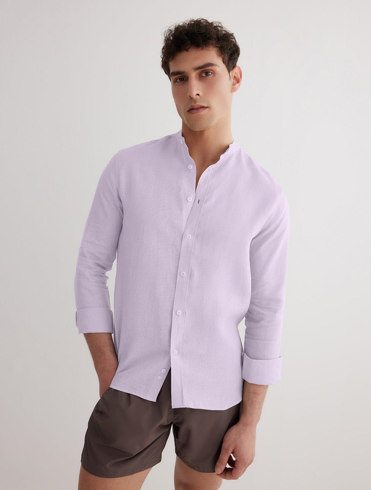 Front View: Model in Ryan Lilac Shirt - MOEVA Luxury Swimwear, Grandad-Collar, Buttoned Cuffs, Button Fastening, Tailored Italian Linen, Long-Sleeved, Slim Fit, MOEVA Luxury Swimwear