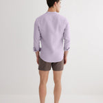 Back View: Model in Ryan Lilac Shirt - MOEVA Luxury Swimwear, Ready to Wear, Long Sleeved Shirts, Unlined, Slim Fit, Linen, MOEVA Luxury Swimwear 