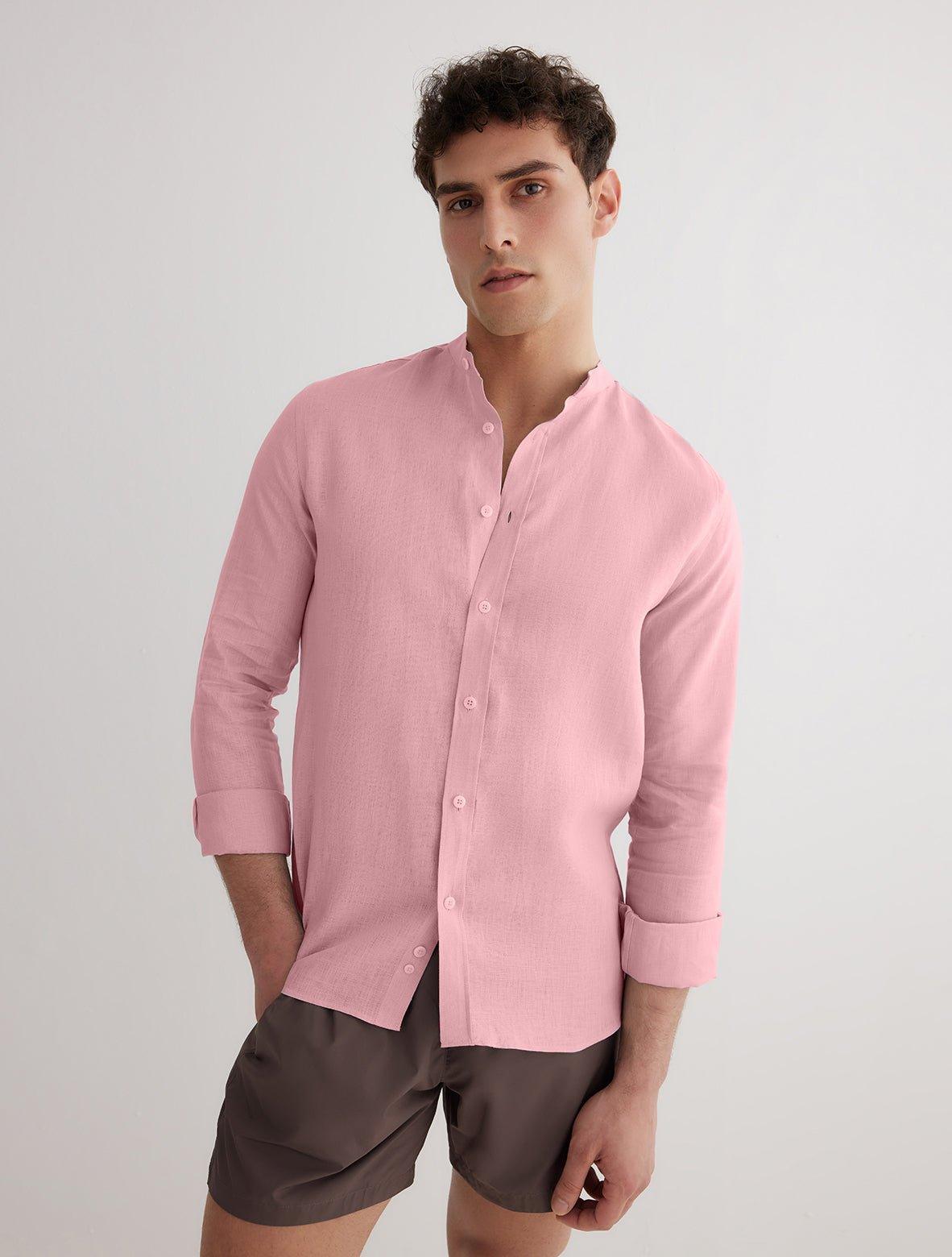 Front View: Model in Ryan Pink Shirt - MOEVA Luxury Swimwear, Grandad-Collar, Buttoned Cuffs, Button Fastening, Tailored Italian Linen, Long-Sleeved, Slim Fit, MOEVA Luxury Swimwear