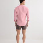 Back View: Model in Ryan Pink Shirt - MOEVA Luxury Swimwear, Ready to Wear, Long Sleeved Shirts, Unlined, Slim Fit, Linen, MOEVA Luxury Swimwear 