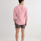 Back View: Model in Ryan Pink Shirt - MOEVA Luxury Swimwear, Ready to Wear, Long Sleeved Shirts, Unlined, Slim Fit, Linen, MOEVA Luxury Swimwear 