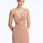 Front View: Model in Rye Bronze Skirt - Chic Mini Skirt, High Waist, Metallic Fabric, Close Fit, MOEVA Luxury Swimwear