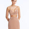 Front View: Model in Rye Bronze Skirt - Chic Mini Skirt, High Waist, Metallic Fabric, Close Fit, MOEVA Luxury Swimwear