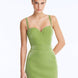 Front View: Model in Rye Green Skirt - Chic Mini Skirt, High Waist, Metallic Fabric, Close Fit, MOEVA Luxury Swimwear