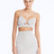 Front View: Model in Rye Silver Skirt - Chic Mini Skirt, High Waist, Metallic Fabric, Close Fit, MOEVA Luxury Swimwear