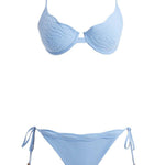 Decoupage view of the Salila Baby Blue Bikini Set, detailing the luxurious craftsmanship and Lycra Xtralife certification for durability.