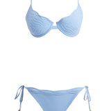 Decoupage view of the Salila Baby Blue Bikini Set, detailing the luxurious craftsmanship and Lycra Xtralife certification for durability.