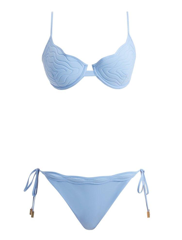 Decoupage view of the Salila Baby Blue Bikini Set, detailing the luxurious craftsmanship and Lycra Xtralife certification for durability.
