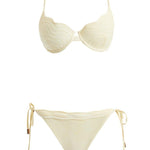 Decoupage view of the Salila Yellow Bikini Set, detailing the luxurious craftsmanship and Lycra Xtralife certification for durability.