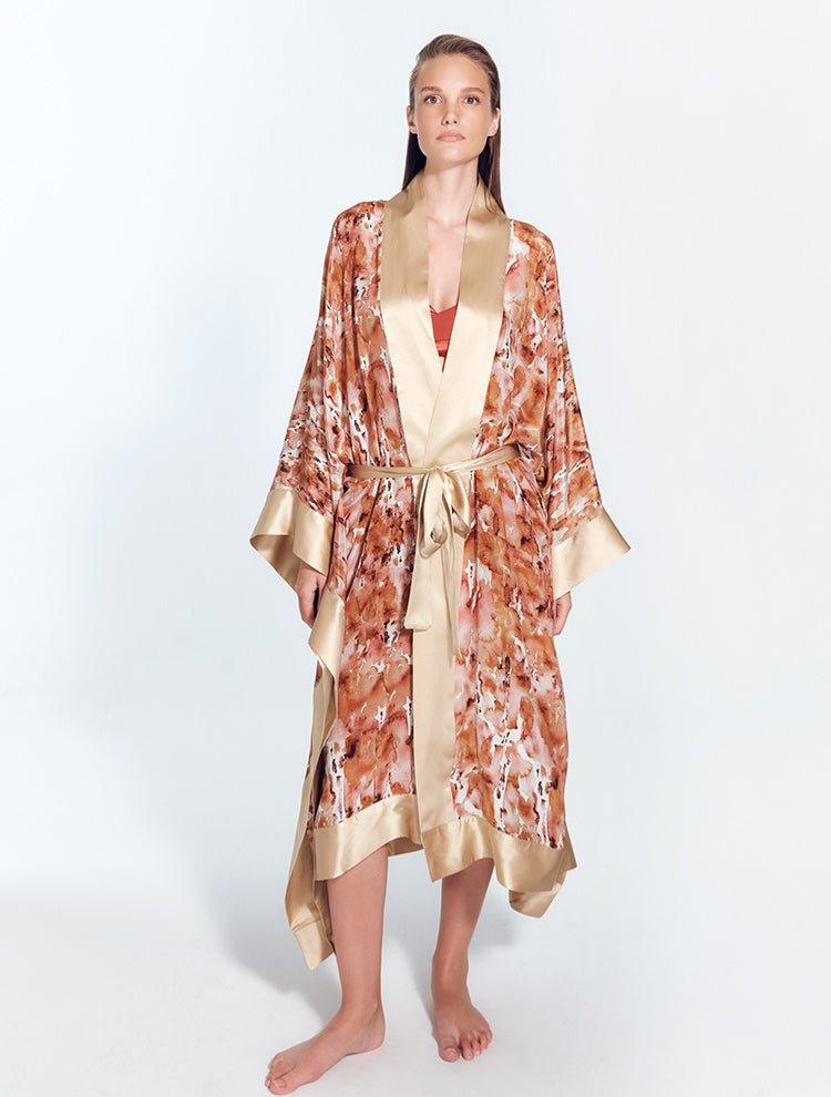 "Front view of a model in the Salina Floral Abstract Kaftan, showcasing its ankle-length design and elegant cut."