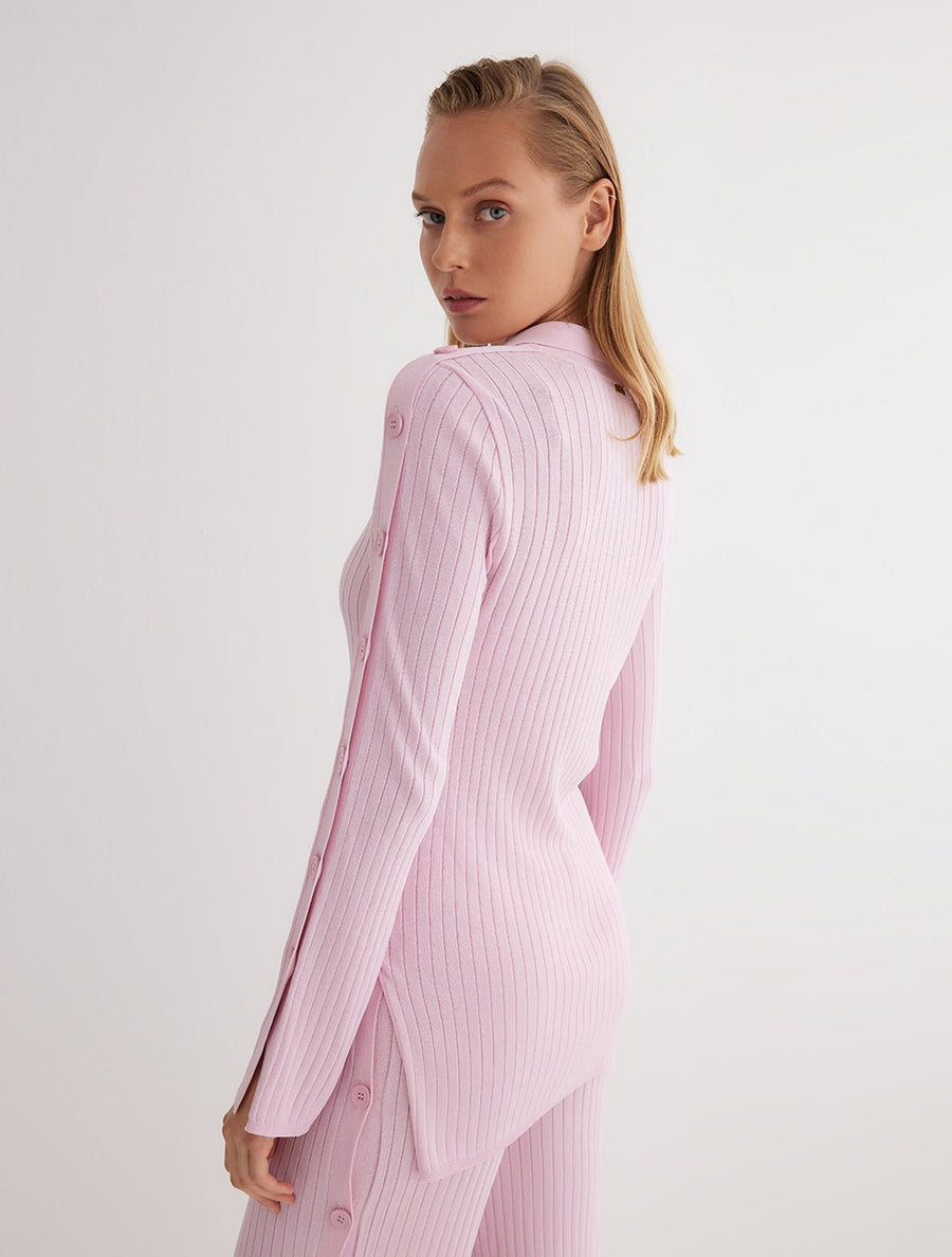 Back View: Model in Salome Pink Shirt - MOEVA Luxury Swimwear, Ready to Wear Shirt, Unlined, Comfort and Full Body Covered, Knitted, MOEVA Luxury Swimwear 