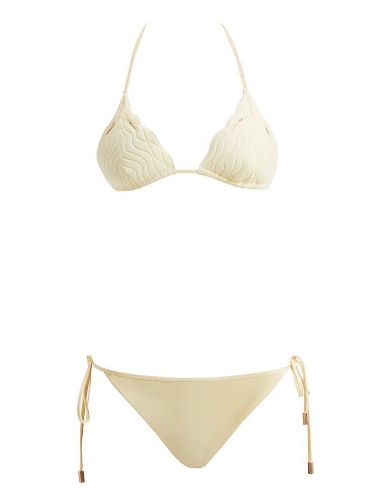 Sober Magazine - Sarita Yellow Triangle Wave Textured Side Tie Bikini Set | Moeva | Bikini Set | Each week unveils new pieces—luxury swimwear, fluid resort silhouettes, and elevated summer-to-evening essentials designed to carry you from coastal escapes to city nights.