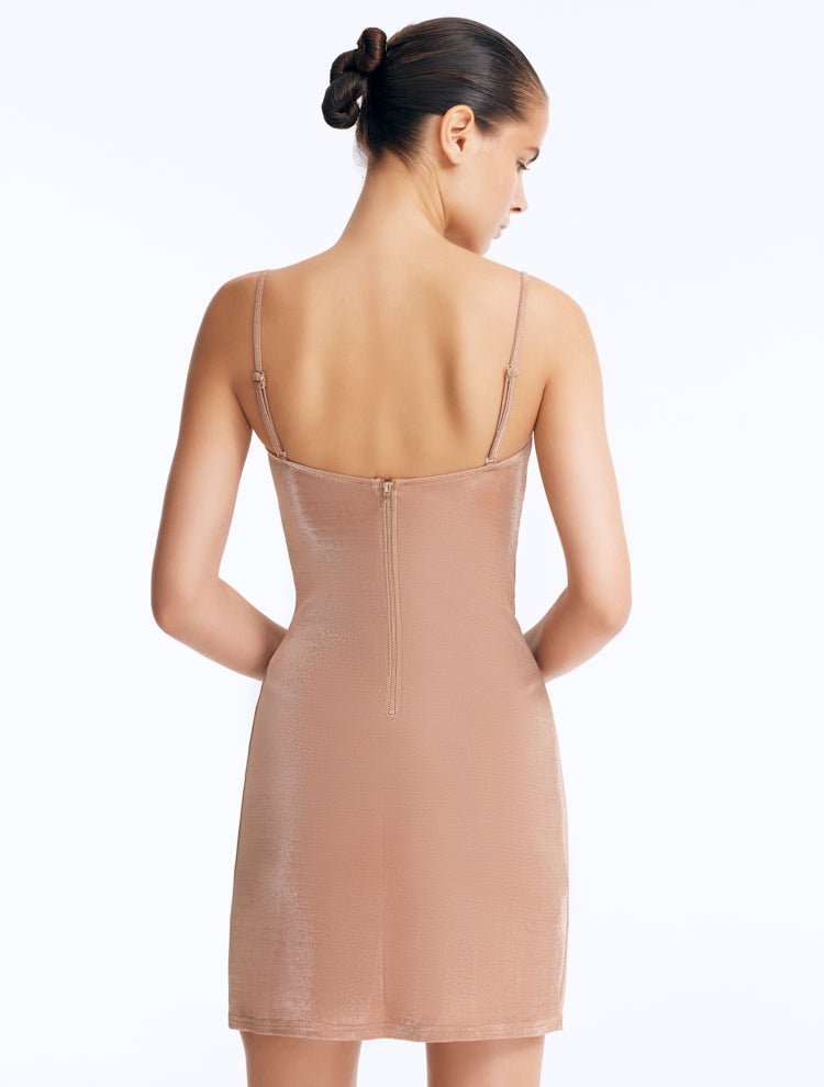 Back View: Senna Bronze Dress on Model - Zip Through The Back, Thigh Length,, MOEVA Luxury Swimwear