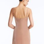 Back View: Senna Bronze Dress on Model - Zip Through The Back, Thigh Length,, MOEVA Luxury Swimwear