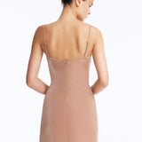 Back View: Senna Bronze Dress on Model - Zip Through The Back, Thigh Length,, MOEVA Luxury Swimwear