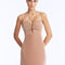 Front View: Model in Senna Bronze Dress - Strapless Silhouette,  Clear Glass Drop Shaped Accessory, MOEVA Luxury Swimwear