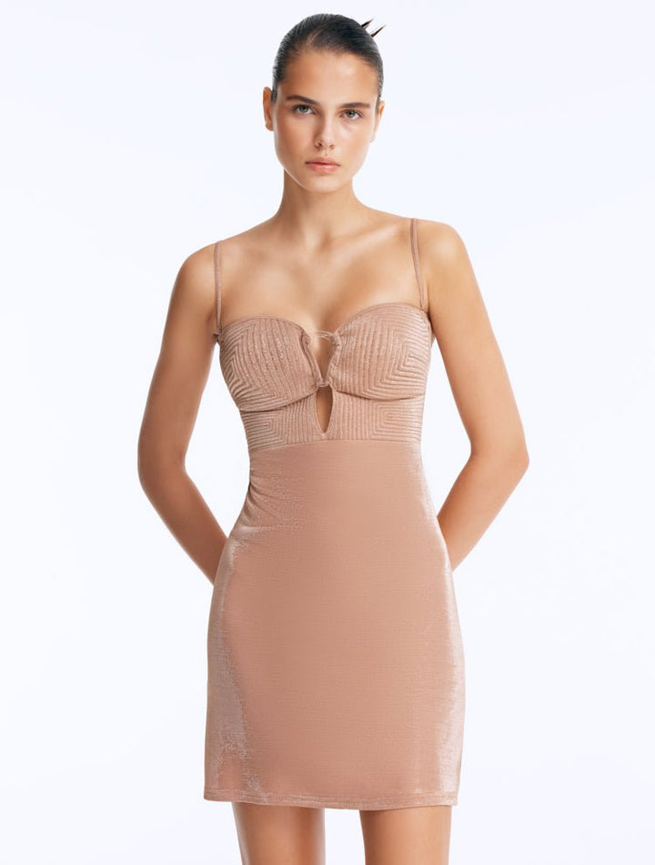 Senna Bronze Strapless Mini Dress With Topstitching And Clear Glass Drop Shaped Accessory -RTW Dresses Moeva