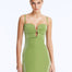 Front View: Model in Senna Green Dress - Strapless Silhouette, Clear Glass Drop Shaped Accessory, Thigh Length, MOEVA Luxury Swimwear