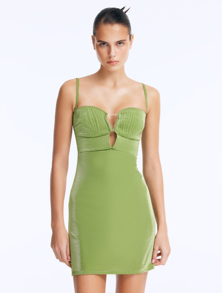 Front View: Model in Senna Green Dress - Strapless Silhouette, Clear Glass Drop Shaped Accessory, Thigh Length, MOEVA Luxury Swimwear