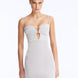 Front View: Model in Senna Silver Dress - Strapless Silhouette, Clear Glass Drop Shaped Accessory, Thigh Length, MOEVA Luxury Swimwear