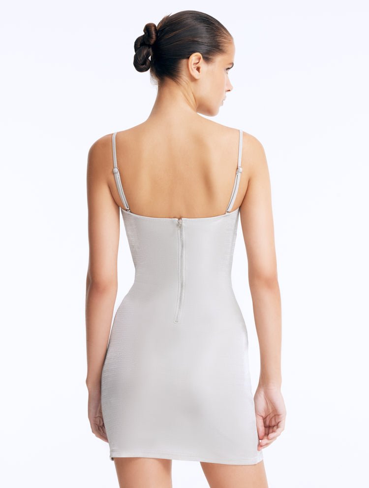 Back View: Senna Silver Dress on Model - Zip Through The Back, MOEVA Luxury Swimwear