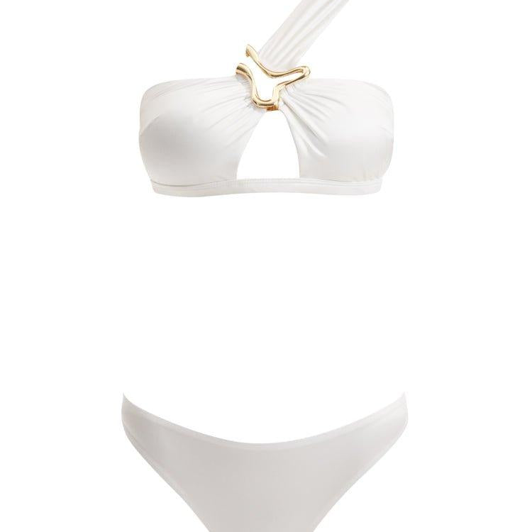 Sereia White One Shoulder Mid Coverage Satin Bikini Set | Moeva | Bikini Set | Each week unveils new pieces—luxury swimwear, fluid resort silhouettes, and elevated summer-to-evening essentials designed to carry you from coastal escapes to city nights.