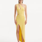 "Model wearing the Shore Yellow Dress from the front, showcasing the vibrant yellow color, one-shoulder design, and the dramatic slash cut-out detail. "