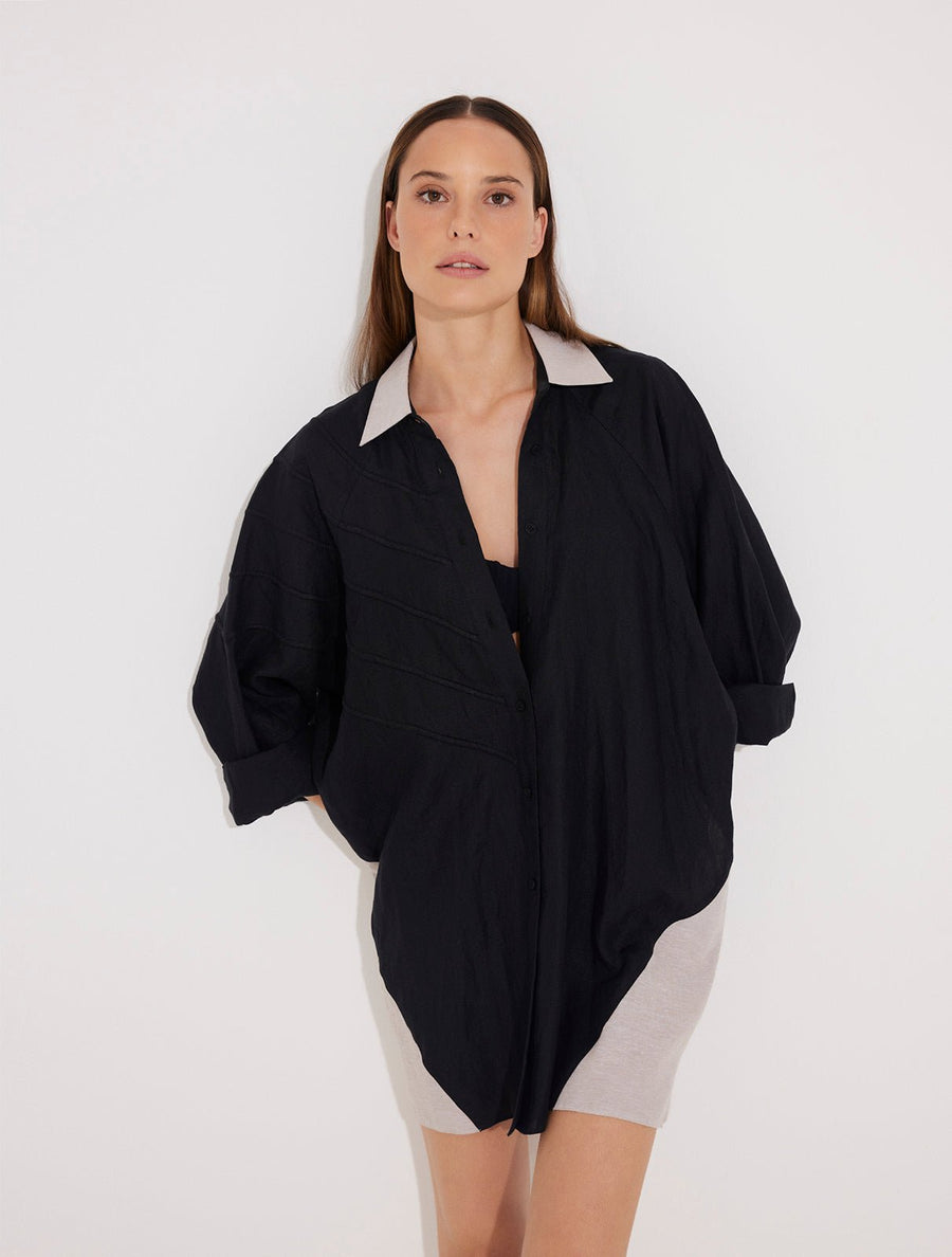 Sibilla Black/Nude Oversized Linen Shirt With Embroidery -Beachwear Dresses Moeva