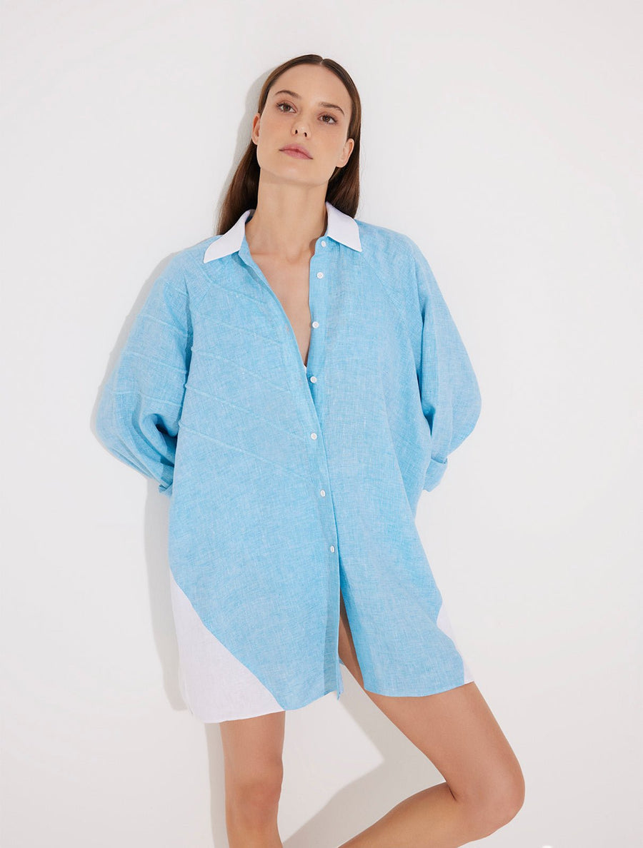 Sibilla Blue/White Oversized Linen Shirt With Embroidery -Beachwear Dresses Moeva