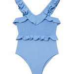 Front view of the Sissy Baby Blue Swimsuit highlighting the soothing baby blue color and V-neck design.