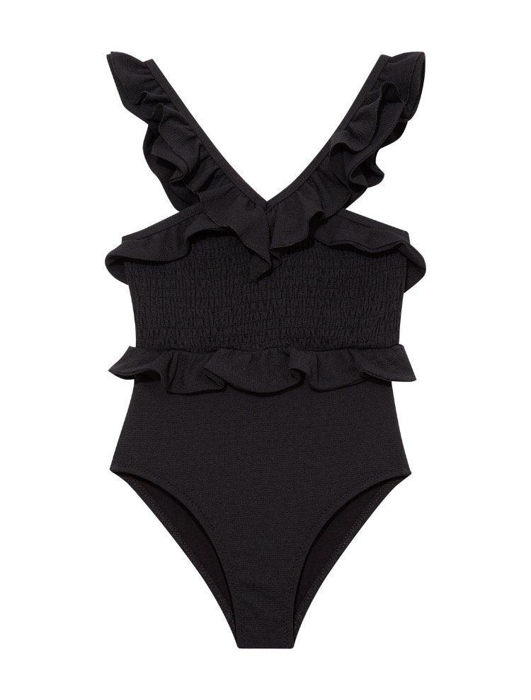 Front view of the Sissy Black Swimsuit showcasing its elegant black color and V-neck design.